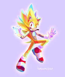Size: 1280x1513 | Tagged: safe, artist:survivalstep, sonic the hedgehog, super sonic, flying, looking at viewer, purple background, signature, simple background, smile, solo, super form