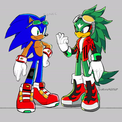 Size: 1786x1777 | Tagged: safe, artist:survivalstep, jet the hawk, sonic the hedgehog, alternate universe, clothes, duo, grey background, jacket, signature, simple background, smile, sonic riders, standing, top surgery scars, trans male, transgender