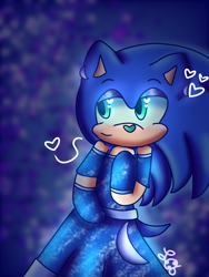 Size: 768x1024 | Tagged: safe, artist:lilcookiebug, sonic the hedgehog, clothes, cute, dress, gradient background, heart, heart nose, looking offscreen, signature, smile, solo, standing