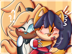 Size: 1024x768 | Tagged: safe, artist:lilcookiebug, honey the cat, whisper the wolf, abstract background, blushing, border, cute, duo, exclamation mark, heart, heart nose, holding them, honey x whisper, honeybetes, lesbian, looking at each other, mouth open, one eye closed, question mark, shipping, signature, standing, striped background, whispabetes