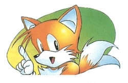 Size: 500x326 | Tagged: safe, miles "tails" prower, classic tails, looking at viewer, mouth open, official artwork, pointing, smile, solo