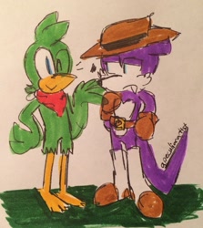 Size: 1142x1280 | Tagged: safe, artist:apeculiarartist, bean the dynamite, nack the weasel, duo, frown, hands on hips, lidded eyes, looking at each other, markerwork, penwork, signature, smile, standing, traditional media, wink
