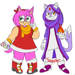 Size: 1280x1280 | Tagged: safe, artist:syuuper-archive, amy rose, blaze the cat, cat, hedgehog, 2017, amy x blaze, amy's halterneck dress, cute, female, females only, flame, glasses, lesbian, looking at viewer, shipping