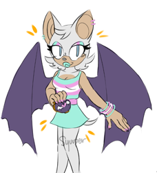 Size: 588x644 | Tagged: safe, artist:syuuper-archive, rouge the bat, alternate outfit, bracelet, ear piercing, earring, eyeshadow, lipstick, looking at viewer, pride, pride flag, signature, smile, solo, standing, trans female, trans pride, transgender