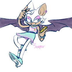 Size: 1280x1280 | Tagged: safe, artist:syuuper-archive, rouge the bat, alternate outfit, bracelet, ear piercing, earring, heels, looking offscreen, necklace, pride, pride flag, redraw, signature, simple background, smile, solo, trans female, trans pride, transgender, v sign, white background