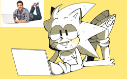 Size: 1928x1200 | Tagged: safe, artist:head---ache, sonic the hedgehog, bandaid, blushing, computer, leg fluff, lying on front, monochrome, reference inset, simple background, smile, solo, top surgery scars, trans male, transgender, yellow background
