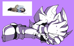 Size: 1928x1200 | Tagged: safe, artist:head---ache, shadow the hedgehog, arm fluff, covering face, leg fluff, lying down, monochrome, purple background, reference inset, simple background, solo