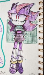 Size: 1210x2048 | Tagged: safe, artist:head---ache, shadow the hedgehog, alternate outfit, clothes, cute, eyelashes, looking offscreen, shadowbetes, skirt, smile, solo, standing, sweater, traditional media, trans female, transgender