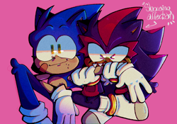 Size: 1500x1050 | Tagged: safe, artist:head---ache, shadow the hedgehog, sonic the hedgehog, bandaid, biting, duo, english text, gay, leg fluff, legs crossed, pink background, shadow x sonic, sharp teeth, shipping, simple background, sitting, smile, top surgery scars, trans male, transgender