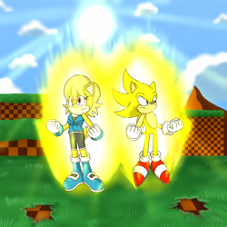Size: 4000x4000 | Tagged: safe, artist:jalonso980, sally acorn, sonic the hedgehog, super sonic, green hill zone, super form, super sally