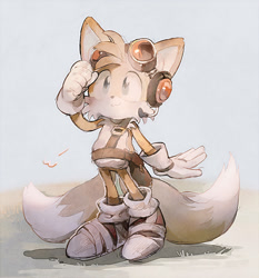 Size: 560x600 | Tagged: safe, artist:fumomo, miles "tails" prower, grass, looking offscreen, outdoors, smile, solo, sonic boom (tv), standing, watercolor