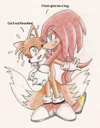 Size: 1376x1759 | Tagged: safe, artist:aavikkosukeltaja, knuckles the echidna, miles "tails" prower, 2007, blushing, clenched teeth, dialogue, duo, english text, gay, hugging from behind, knuxails, shipping, simple background, smile, standing, traditional media
