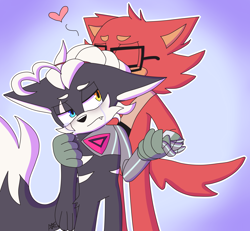 Size: 4000x3700 | Tagged: safe, artist:pdaisyff1, gadget the wolf, infinite the jackal, 2019, blushing, crying, duo, eyes closed, floppy ears, frown, gay, gradient background, heart, holding another's arm, kiss on head, lidded eyes, looking at them, one fang, prosthetic, rookinite, shipping, standing, tears