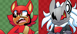 Size: 2002x904 | Tagged: safe, artist:sonamy43, gadget the wolf, infinite the jackal, sonic forces, 2017, checkered background, duo, looking offscreen, phantom ruby