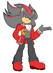 Size: 3600x5000 | Tagged: safe, artist:shad-kun, shadow the hedgehog, 2020, clenched teeth, clothes, hand in pocket, hip hop outfit, jacket, lidded eyes, looking at viewer, pants, signature, simple background, solo, standing, transparent background