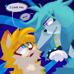 Size: 2048x2048 | Tagged: safe, artist:m3tr0n0m333, kit the fennec, miles "tails" prower, 2024, dialogue, duo, english text, gay, heart, kitails, lineless, looking at each other, shipping, speech bubble, tentacle, water