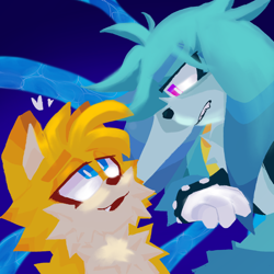 Size: 2048x2048 | Tagged: safe, artist:m3tr0n0m333, kit the fennec, miles "tails" prower, 2024, alternate version, duo, gay, heart, kitails, lineless, looking at each other, shipping, tentacle, textless version, water