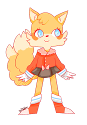 Size: 489x702 | Tagged: safe, artist:hats-off-to-you, miles "tails" prower, blushing, cute, jacket, looking offscreen, signature, simple background, skirt, smile, solo, standing, tailabetes, trans female, transgender, transparent background