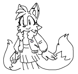 Size: 583x556 | Tagged: safe, artist:survivalstep, miles "tails" prower, aviator jacket, badge, furry collar, line art, looking at viewer, simple background, skirt, smile, solo, standing, trans female, transgender, white background