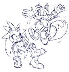 Size: 1272x1324 | Tagged: safe, artist:survivalstep, miles "tails" prower, silver the hedgehog, duo, flying, line art, looking at each other, nonbinary, simple background, sketch, smile, spinning tails, white background