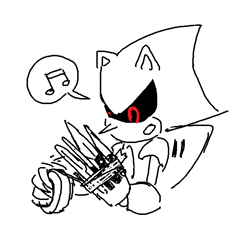 Size: 706x678 | Tagged: safe, artist:survivalstep, metal sonic, black sclera, knife, line art, looking at something, musical note, robot, simple background, solo, tape, white background