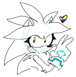 Size: 493x502 | Tagged: safe, artist:survivalstep, silver the hedgehog, arm fluff, backwards v sign, eyelashes, heart, line art, looking at viewer, nonbinary, nonbinary pride, simple background, sketch, smile, solo, v sign, white background