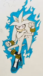 Size: 731x1280 | Tagged: safe, artist:survivalstep, silver the hedgehog, clenched fists, flying, frown, looking at viewer, psychokinesis, solo, traditional media