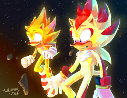 Size: 1280x992 | Tagged: safe, artist:survivalstep, shadow the hedgehog, sonic the hedgehog, super shadow, super sonic, sonic adventure 2, abstract background, alternate ending, bad end, crying, duo, flying, lineless, looking offscreen, meteorite, outer space, shrunken pupils, signature, soap shoes, space, star (sky), super form, tears, tears of sadness