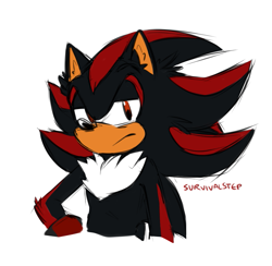 Size: 771x753 | Tagged: safe, artist:survivalstep, shadow the hedgehog, sonic adventure 2, arm fluff, ear fluff, frown, hand on hip, lidded eyes, looking at viewer, signature, simple background, solo, white background