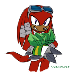 Size: 831x830 | Tagged: safe, artist:survivalstep, knuckles the echidna, sonic adventure 2, holding something, looking at viewer, master emerald shard, shovel claw, signature, simple background, smile, solo, standing, sunglasses, white background