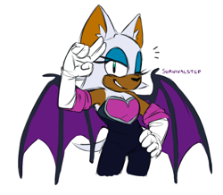 Size: 972x847 | Tagged: safe, artist:survivalstep, rouge the bat, sonic adventure 2, hand on hip, heart nose, looking at viewer, signature, simple background, smile, solo, standing, white background, wink