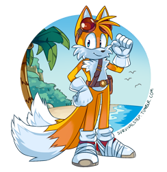 Size: 1116x1144 | Tagged: safe, artist:survivalstep, miles "tails" prower, bird, beach, clenched fists, literal animal, looking at viewer, palm tree, semi-transparent background, smile, solo, sonic boom (tv), standing, water