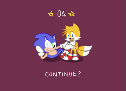 Size: 565x410 | Tagged: safe, artist:survivalstep, miles "tails" prower, sonic the hedgehog, sonic the hedgehog 2, continue screen, duo, english text, looking at them, looking at viewer, purple background, simple background