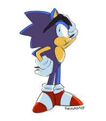 Size: 1029x1182 | Tagged: safe, artist:survivalstep, sonic the hedgehog, sonic the ova, frown, hand on hip, looking offscreen, signature, simple background, solo, standing, sunglasses, transparent background
