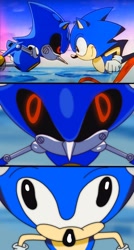 Size: 1200x2240 | Tagged: safe, artist:tylerssonic, metal sonic, sonic the hedgehog, sonic the ova, abstract background, black sclera, character pov, duo, looking at each other, meme, panels, robot, strange isn't it?