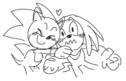 Size: 591x379 | Tagged: safe, artist:survivalstep, knuckles the echidna, sonic the hedgehog, blushing, classic knuckles, classic sonic, cute, duo, eyes closed, gay, heart, hugging, knucklebetes, knuxonic, line art, shipping, simple background, sonabetes, standing, surprise hug, surprised, white background