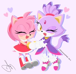 Size: 2759x2680 | Tagged: safe, artist:gummiipop, amy rose, blaze the cat, cat, hedgehog, 2022, amy x blaze, amy's halterneck dress, blaze's tailcoat, cute, eyes closed, female, females only, hearts, holding hands, lesbian, looking at viewer, mouth open, one eye closed, shipping