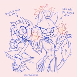 Size: 2048x2048 | Tagged: safe, artist:onlyastraa, amy rose, blaze the cat, cat, hedgehog, 2023, amy x blaze, amy's halterneck dress, blaze's tailcoat, cute, english text, female, females only, flame, lesbian, line art, looking at viewer, mouth open, shipping, sketch