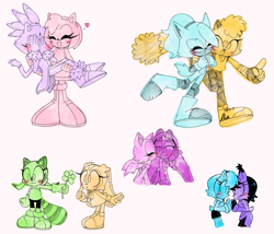 Size: 2048x1755 | Tagged: safe, artist:sugar_milkk, amy rose, blaze the cat, cream the rabbit, marine the raccoon, nicole the hololynx, rouge the bat, sally acorn, tangle the lemur, wave the swallow, whisper the wolf, amy x blaze, amybetes, arm around shoulders, blazebetes, blushing, carrying them, creamabetes, cute, daisy (flower), flower, group, heart, holding something, kiss on cheek, lesbian, lesbian visibility day, maream, marineabetes, nicabetes, nicole x sally, offering flower, rougabetes, sallabetes, shipping, standing, tangabetes, walking, waveabetes, whispabetes