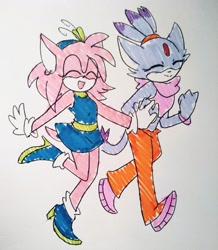 Size: 1782x2048 | Tagged: safe, artist:magicstormfrost, amy rose, blaze the cat, alternate outfit, amy x blaze, amybetes, blazebetes, clothes, cute, duo, eyes closed, holding hands, lesbian, shipping, smile, traditional media