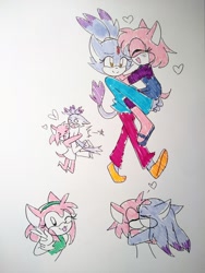 Size: 1536x2048 | Tagged: safe, artist:magicstormfrost, amy rose, blaze the cat, alternate outfit, amy x blaze, amybetes, blazebetes, carrying them, clothes, cute, duo, flustered, heart, holding them, hugging, kiss, lesbian, looking at them, shipping, smile, traditional media, v sign, walking