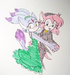 Size: 1902x2048 | Tagged: safe, artist:magicstormfrost, amy rose, blaze the cat, alternate outfit, amy x blaze, amybetes, blazebetes, clothes, dancing, dress, duo, ear piercing, earring, holding each other, holding hands, looking at viewer, markerwork, shipping, smile, standing, suit, traditional media