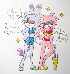 Size: 1920x2017 | Tagged: safe, artist:magicstormfrost, amy rose, blaze the cat, alternate outfit, amy x blaze, amybetes, beach outfit, bikini, blazebetes, dialogue, duo, english text, lesbian, linking arms, sandals, shipping, speech bubble, standing, star (symbol), sunglasses, umbrella