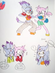 Size: 1538x2048 | Tagged: safe, artist:magicstormfrost, amy rose, blaze the cat, alternate outfit, amy x blaze, amybetes, blazebetes, boxing gloves, clothes, cute, dialogue, duo, english text, hair down, lesbian, looking at each other, looking back, question mark, shipping, smile, speech bubble, standing, traditional media