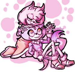 Size: 499x479 | Tagged: safe, artist:countaile, amy rose, blaze the cat, :3, abstract background, amy x blaze, amybetes, blazebetes, cute, duo, hand on another's head, holding hands, lesbian, lidded eyes, looking down at them, looking up at them, shipping, signature, smile