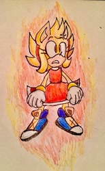 Size: 789x1280 | Tagged: safe, artist:fleetways, amy rose, alternate shoes, flying, frown, looking offscreen, solo, super amy, super form, traditional media