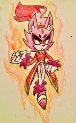 Size: 795x1280 | Tagged: safe, artist:fleetways, blaze the cat, burning blaze, fire, flame, flying, frown, lidded eyes, looking offscreen, solo, super form, traditional media