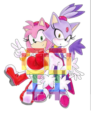 Size: 736x992 | Tagged: safe, artist:videogamelesbianism, amy rose, blaze the cat, amy x blaze, arm around shoulders, blushing, duo, lesbian, lesbian symbol, looking at viewer, mouth open, pride, shipping, simple background, smile, standing, standing on one leg, v sign, white background