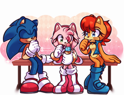 Size: 1284x980 | Tagged: safe, artist:justmarcysstuff, amy rose, sally acorn, sonic the hedgehog, abstract background, bench, holding something, ice cream, signature, sitting, smile, sparkles, trio