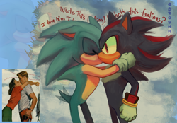 Size: 1482x1031 | Tagged: safe, artist:br0shh, shadow the hedgehog, sonic the hedgehog, abstract background, blushing, clouds, dialogue, duo, english text, floppy ears, gay, holding them, kiss, reference inset, shadow x sonic, shipping, signature, standing, wagging tail